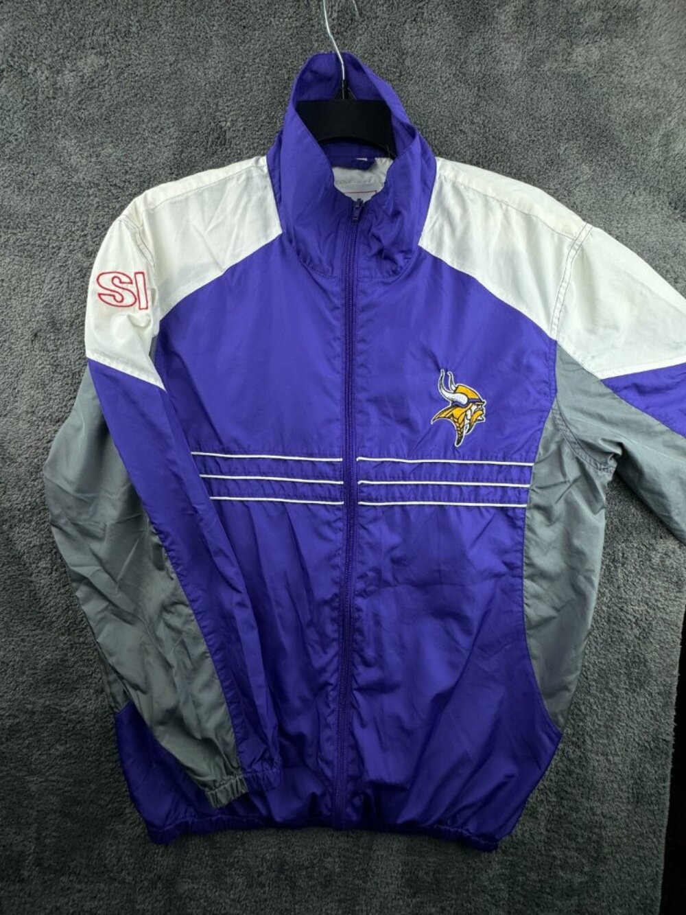 NFL Minnesota Vikings Jacket Purple Gray Full Zip Large Polyester Long Sleeve